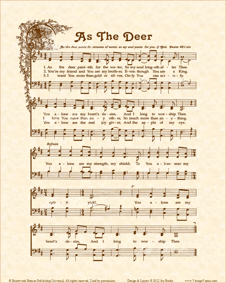 As The Deer - Christian Heritage Hymn, Sheet Music, Vintage Style, Natural Parchment, Sepia Brown Ink, 8x10 art print ready to frame, Vintage Verses