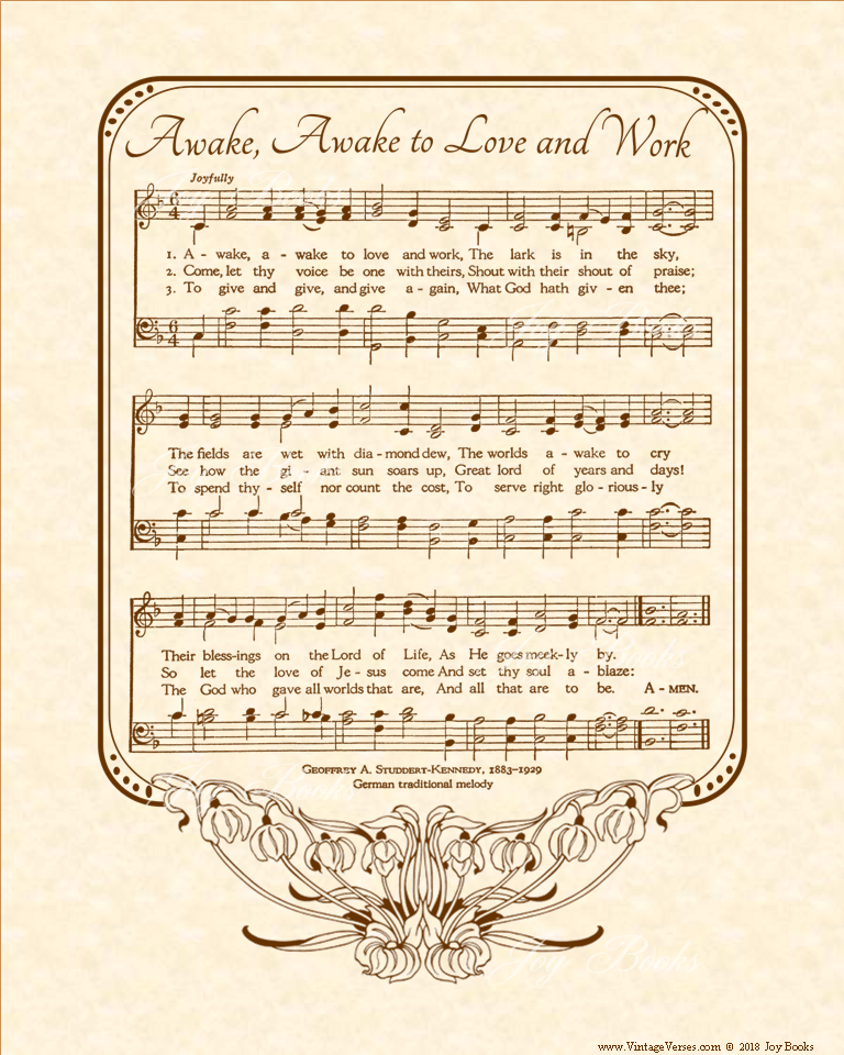 Awake Awake To Love And Work - Christian Heritage Hymn, Sheet Music, Vintage Style, Natural Parchment, Sepia Brown Ink, 8x10 art print ready to frame, Vintage Verses