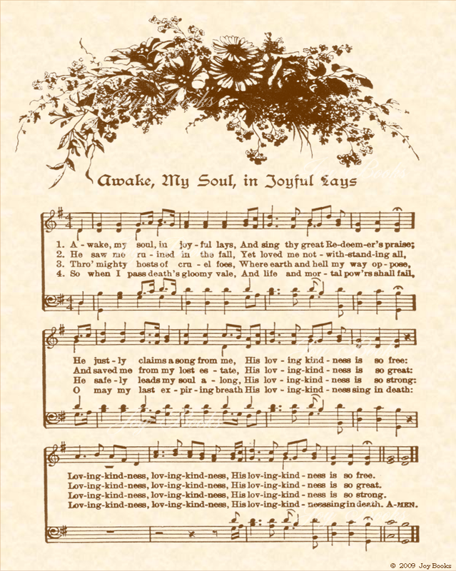Awake My Soul In Joyful Lays - Christian Heritage Hymn, Sheet Music, Vintage Style, Natural Parchment, Sepia Brown Ink, 8x10 art print ready to frame, Vintage Verses