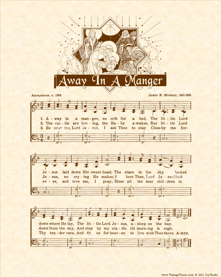 Away In A Manger - Christian Heritage Hymn, Sheet Music, Vintage Style, Natural Parchment, Sepia Brown Ink, 8x10 art print ready to frame, Vintage Verses