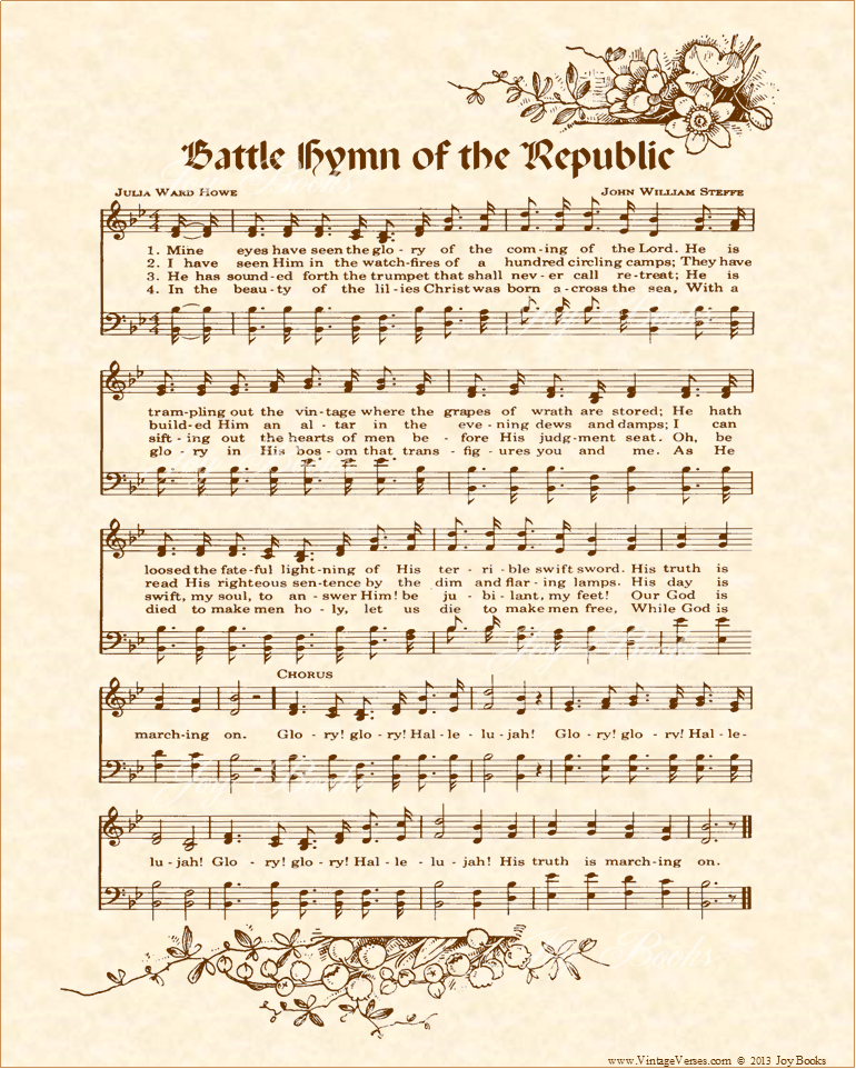 Battle Hymn Of The Republic A.K.A. Glory, Glory, Hallelujah - Christian Heritage Hymn, Sheet Music, Vintage Style, Natural Parchment, Sepia Brown Ink, 8x10 art print ready to frame, Vintage Verses