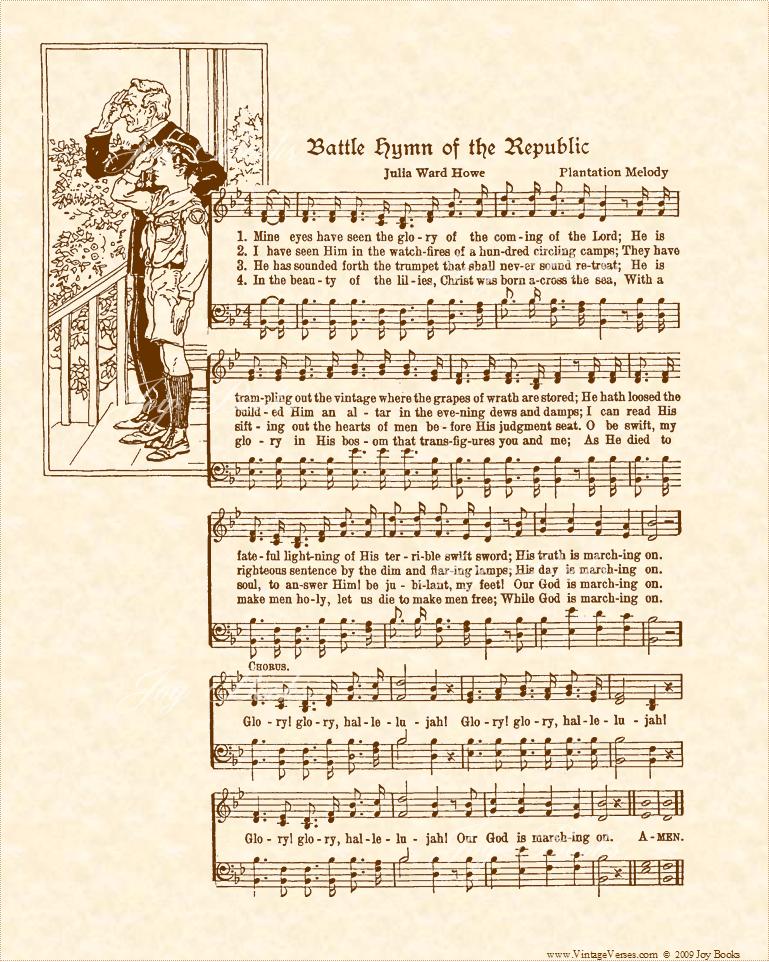 Battle Hymn Of The Republic A.K.A. Glory, Glory, Hallelujah - Christian Heritage Hymn, Sheet Music, Vintage Style, Natural Parchment, Sepia Brown Ink, 8x10 art print ready to frame, Vintage Verses