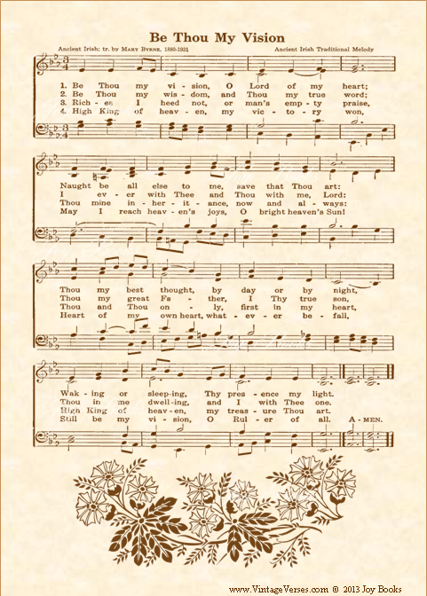 Be Thou My Vision - Christian Heritage Hymn, Sheet Music, Vintage Style, Natural Parchment, Sepia Brown Ink, 5x7 art print ready to frame, Vintage Verses