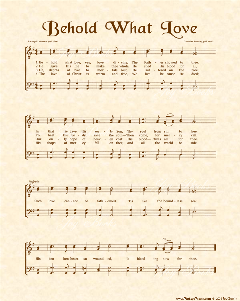 Behold What Love - Christian Heritage Hymn, Sheet Music, Vintage Style, Natural Parchment, Sepia Brown Ink, 8x10 art print ready to frame, Vintage Verses