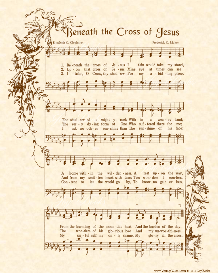 Beneath The Cross Of Jesus - Christian Heritage Hymn, Sheet Music, Vintage Style, Natural Parchment, Sepia Brown Ink, 8x10 art print ready to frame, Vintage Verses