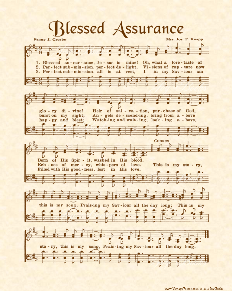 Blessed Assurance - Christian Heritage Hymn, Sheet Music, Vintage Style, Natural Parchment, Sepia Brown Ink, 8x10 art print ready to frame, Vintage Verses