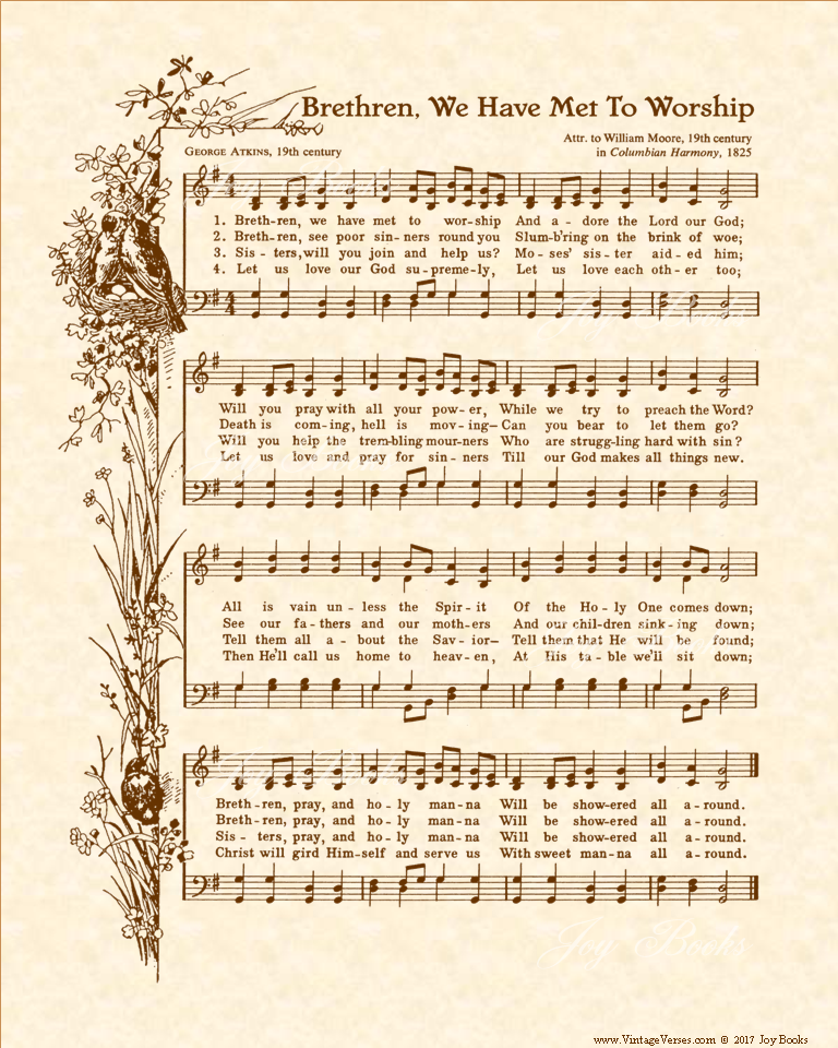 Brethren We Have Me To Worship - Christian Heritage Hymn, Sheet Music, Vintage Style, Natural Parchment, Sepia Brown Ink, 8x10 art print ready to frame, Vintage Verses