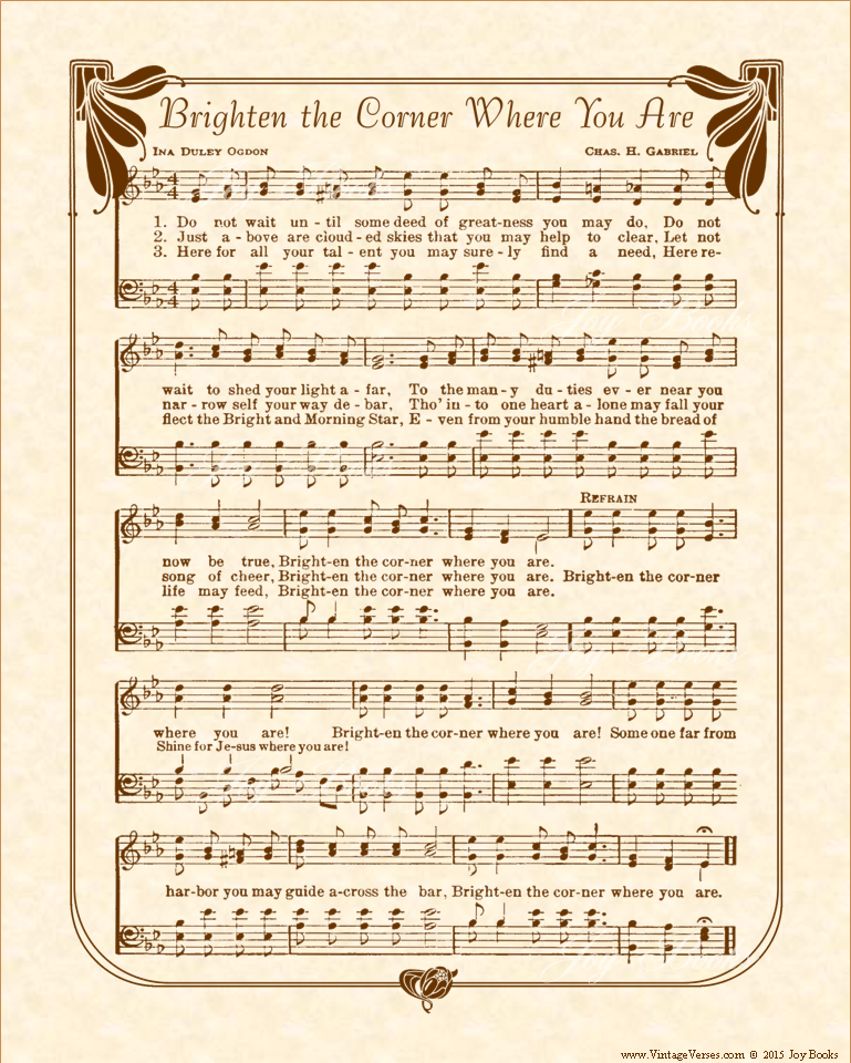 Brighten The Corner Where You Are - Christian Heritage Hymn, Sheet Music, Vintage Style, Natural Parchment, Sepia Brown Ink, 8x10 art print ready to frame, Vintage Verses
