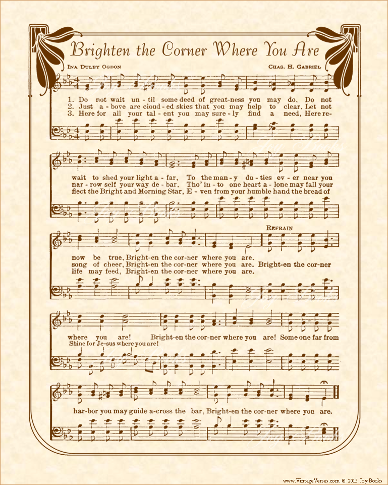 Brighten The Corner Where You Are - Christian Heritage Hymn, Sheet Music, Vintage Style, Natural Parchment, Sepia Brown Ink, 8x10 art print ready to frame, Vintage VersesPicture