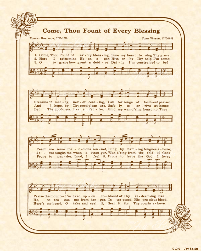Come Thou Fount Of Every Blessing - Christian Heritage Hymn, Sheet Music, Vintage Style, Natural Parchment, Sepia Brown Ink, 8x10 art print ready to frame, Vintage Verses