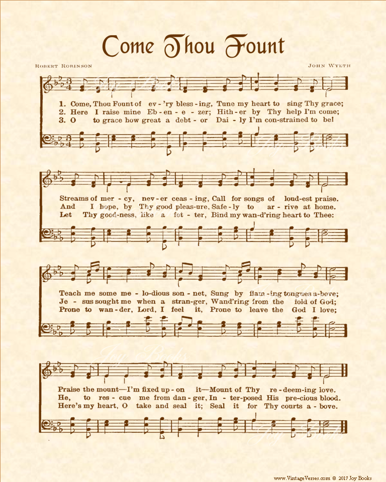 Come Thou Fount Of Every Blessing - Christian Heritage Hymn, Sheet Music, Vintage Style, Natural Parchment, Sepia Brown Ink, 8x10 art print ready to frame, Vintage Verses