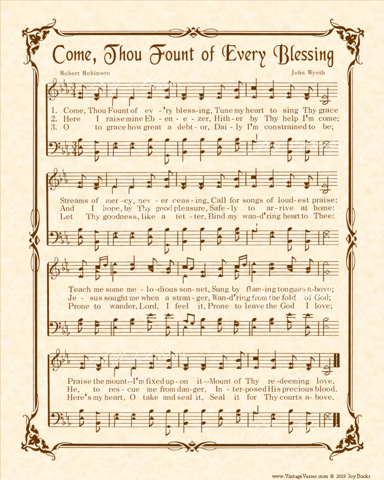 Come Thou Fount Of Every Blessing - Christian Heritage Shaped Note Hymn, Sheet Music, Vintage Style, Natural Parchment, Sepia Brown Ink, 8x10 or 11x14 art print ready to frame, Vintage Verses