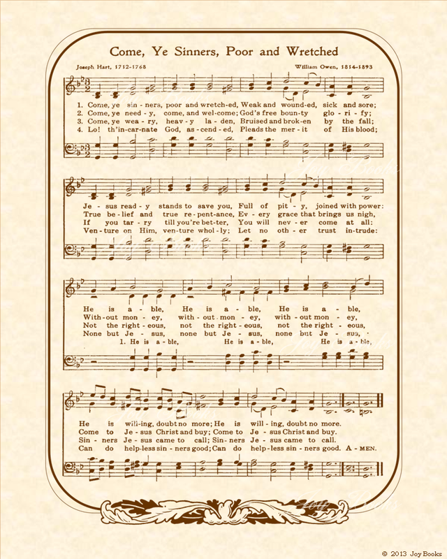 Come, Ye Sinners, Poor And Wretched - Christian Heritage Hymn, Sheet Music, Vintage Style, Natural Parchment, Sepia Brown Ink, 8x10 art print ready to frame, Vintage Verses