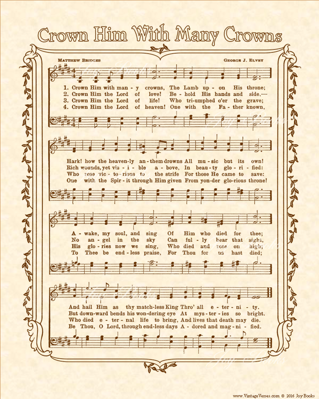 Crown Him With Many Crowns - Christian Heritage Hymn, Sheet Music, Vintage Style, Natural Parchment, Sepia Brown Ink, 8x10 art print ready to frame, Vintage Verses