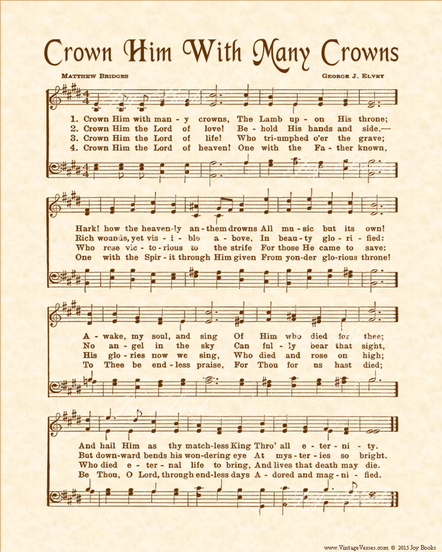 Crown Him With Many Crowns - Christian Heritage Hymn, Sheet Music, Vintage Style, Natural Parchment, Sepia Brown Ink, 8x10 art print ready to frame, Vintage Verses