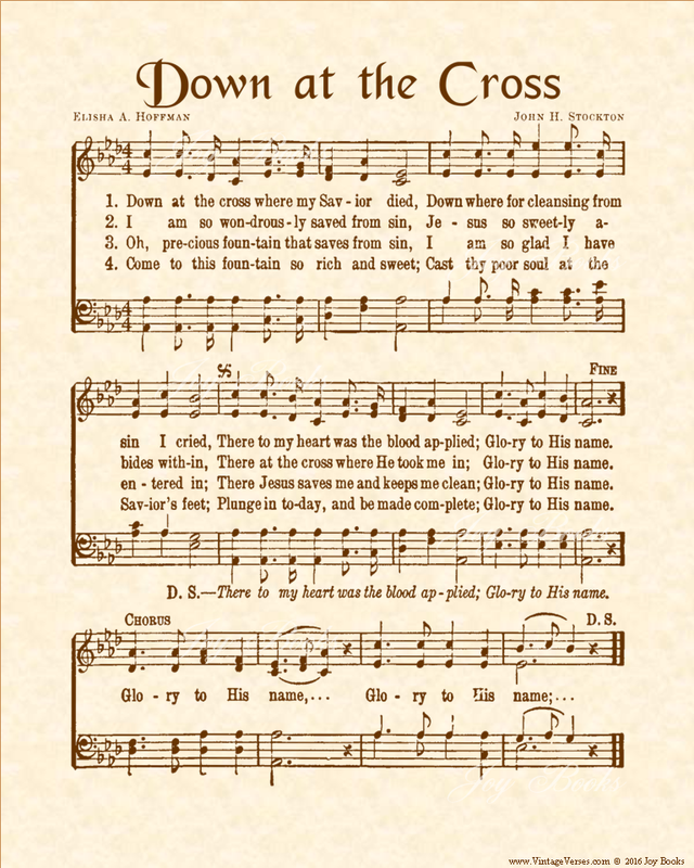 Down At The Cross - Christian Heritage Hymn, Sheet Music, Vintage Style, Natural Parchment, Sepia Brown Ink, 8x10 art print ready to frame, Vintage Verses