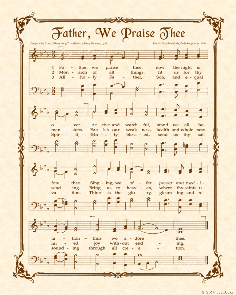 Father We Praise Thee - Christian Heritage Hymn, Sheet Music, Vintage Style, Natural Parchment, Sepia Brown Ink, 8x10 art print ready to frame, Vintage Verses