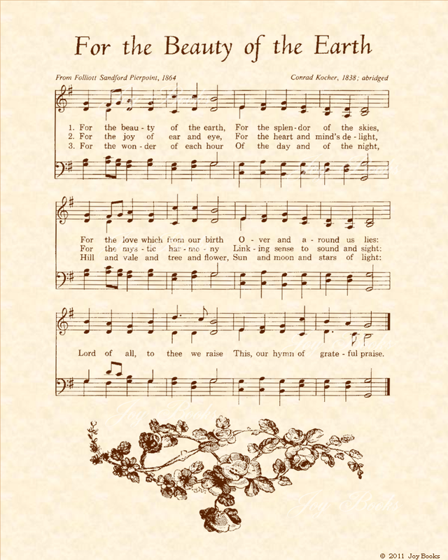 For the Beauty of the Earth - Christian Heritage Hymn, Sheet Music, Vintage Style, Natural Parchment, Sepia Brown Ink, 8x10 art print ready to frame, Vintage Verses