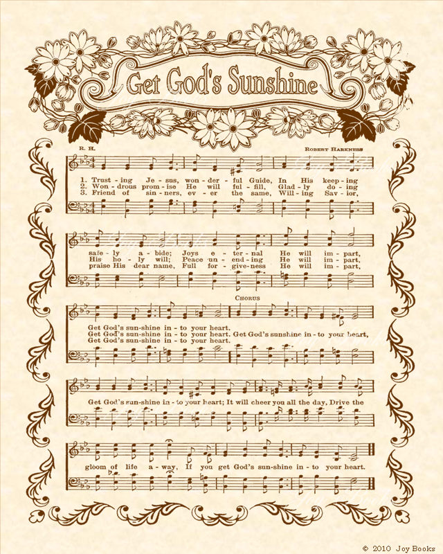 Get God's Sunshine - Christian Heritage Hymn, Sheet Music, Vintage Style, Natural Parchment, Sepia Brown Ink, 8x10 art print ready to frame, Vintage Verses