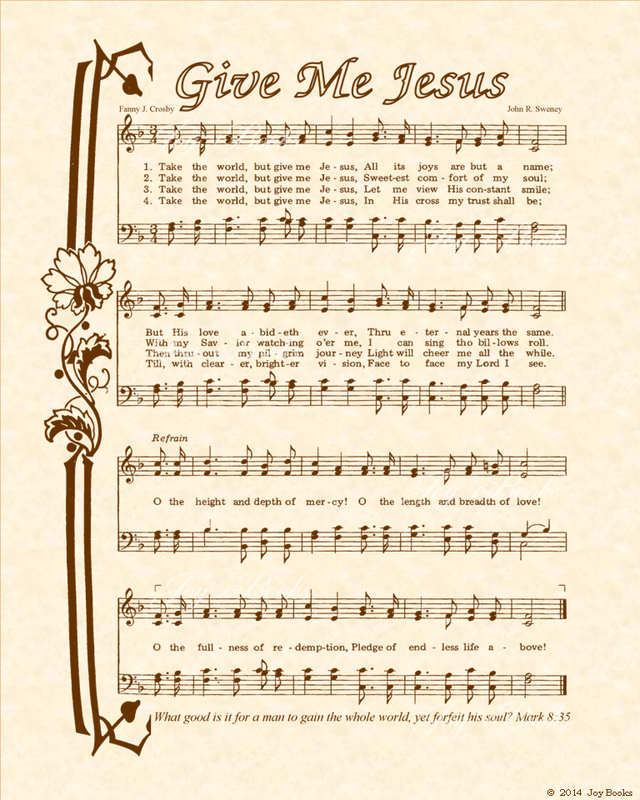 Give Me Jesus - Christian Heritage Hymn, Sheet Music, Vintage Style, Natural Parchment, Sepia Brown Ink, 8x10 art print ready to frame, Vintage Verses