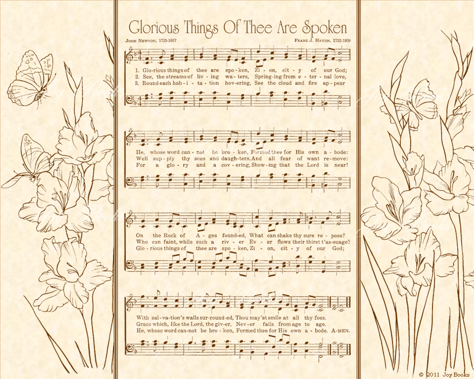 Glorious Things Of Thee Are Spoken - Christian Heritage Hymn, Sheet Music, Vintage Style, Natural Parchment, Sepia Brown Ink, 8x10 art print ready to frame, Vintage Verses