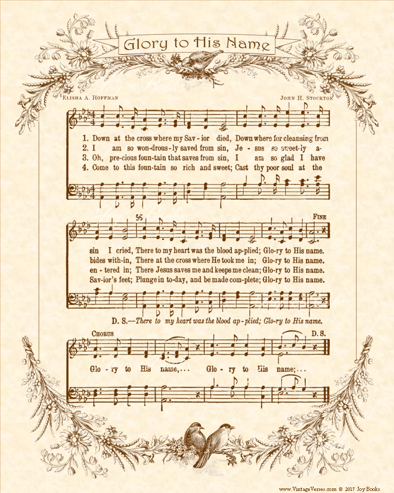Glory To His Name - Christian Heritage Hymn, Sheet Music, Vintage Style, Natural Parchment, Sepia Brown Ink, 8x10 art print ready to frame, Vintage Verses