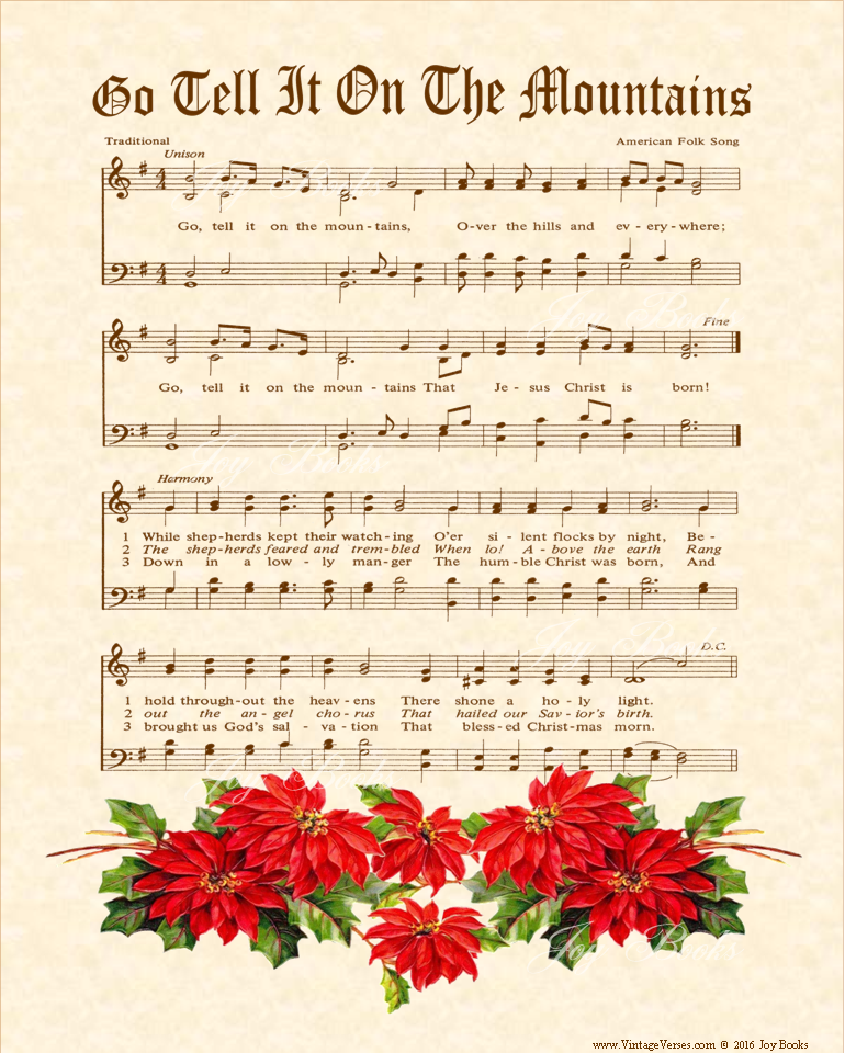 Go Tell It On The Mountain -  - Christian Heritage Hymn, Sheet Music, Vintage Style, Natural Parchment, Sepia Brown Ink, Red Poinsettias, 8x10 art print ready to frame, Vintage Verses
