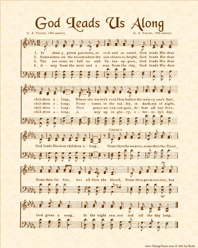 God Leads Us Along - Christian Heritage Hymn, Sheet Music, Vintage Style, Natural Parchment, Sepia Brown Ink, 8x10 art print ready to frame, Vintage Verses