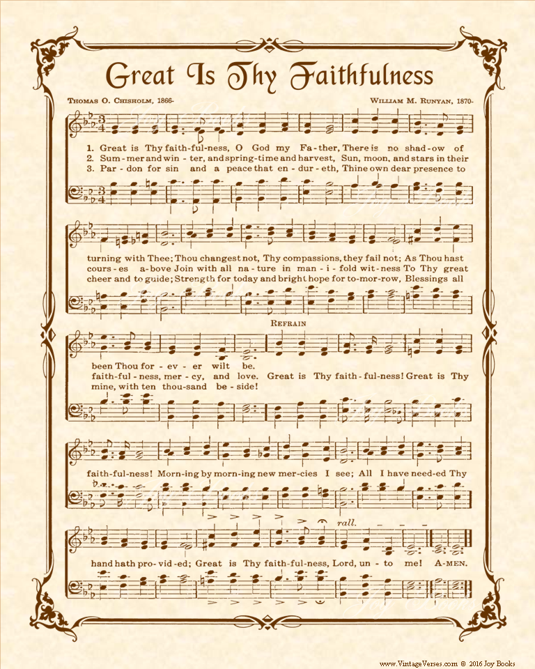 Great Is Thy Faithfulness - Christian Heritage Hymn, Sheet Music, Vintage Style, Natural Parchment, Sepia Brown Ink, 8x10 art print ready to frame, Vintage Verses