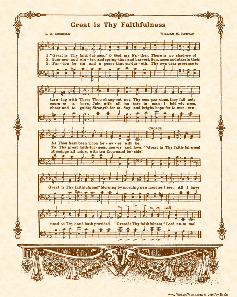 Great Is Thy Faithfulness - Christian Heritage Hymn, Sheet Music, Vintage Style, Natural Parchment, Sepia Brown Ink, 8x10 art print ready to frame, Vintage Verses