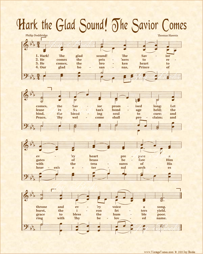 Hark, The Glad Sound! The Savior Comes - Christian Heritage Hymn, Sheet Music, Vintage Style, Natural Parchment, Sepia Brown Ink, 8x10 art print ready to frame, Vintage Verses