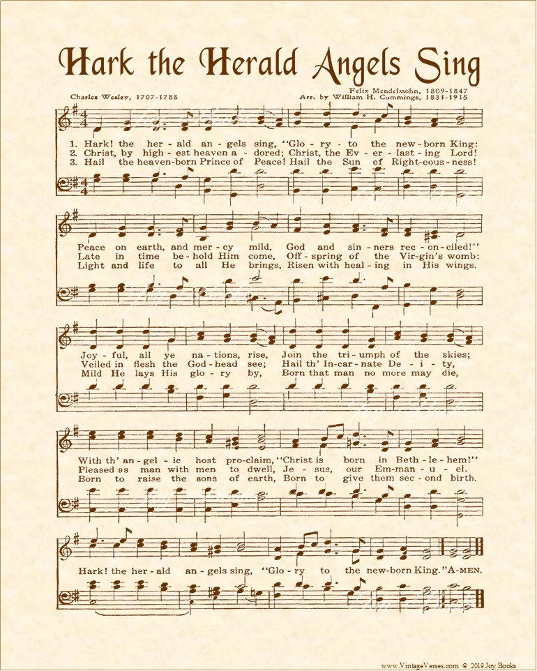 Hark! The Herald Angels Sing - Christian Heritage Hymn, Sheet Music, Vintage Style, Natural Parchment, Sepia Brown Ink, 8x10 art print ready to frame, Vintage Verses