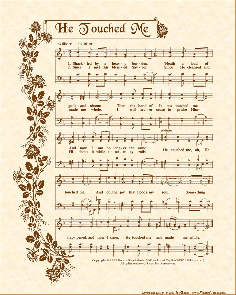 He Touched Me - Christian Heritage Hymn, Sheet Music, Vintage Style, Natural Parchment, Sepia Brown Ink, 8x10 art print ready to frame, Vintage Verses