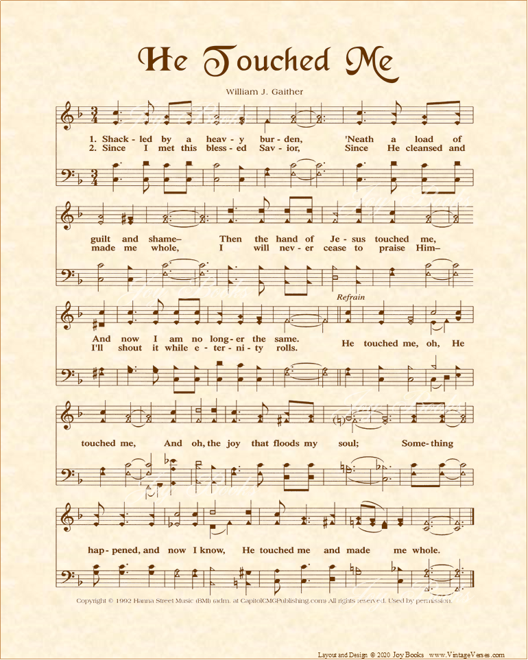 He Touched Me - Christian Heritage Hymn, Sheet Music, Vintage Style, Natural Parchment, Sepia Brown Ink, 8x10 art print ready to frame, Vintage VersesPicture