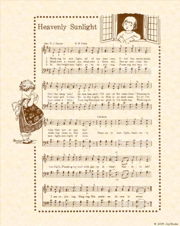 Heavenly Sunlight - Christian Heritage Hymn, Sheet Music, Vintage Style, Natural Parchment, Sepia Brown Ink, 8x10 art print ready to frame, Vintage Verses