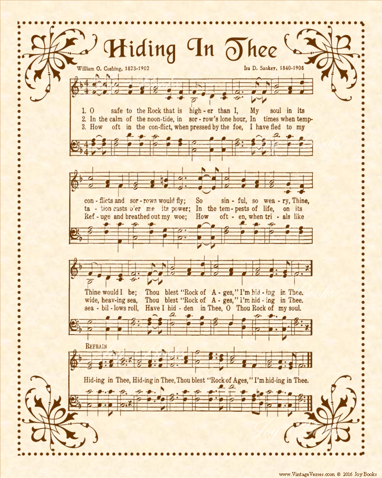 Hiding In Thee - Christian Heritage Hymn, Sheet Music, Vintage Style, Natural Parchment, Sepia Brown Ink, 8x10 art print ready to frame, Vintage Verses