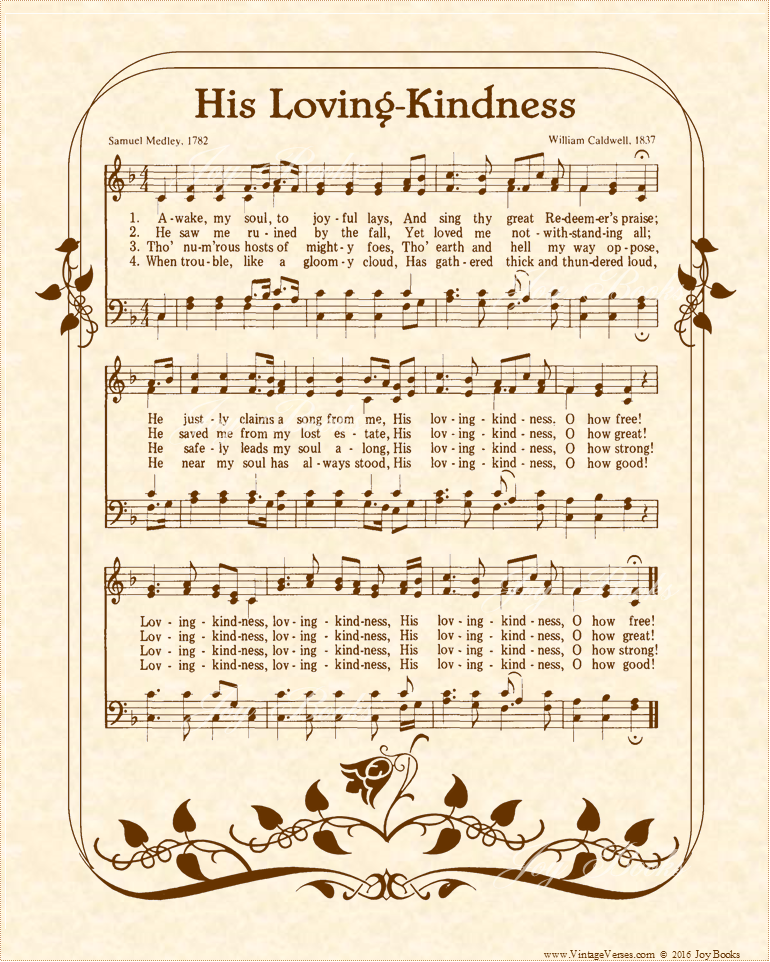 His Loving Kindness - Christian Heritage Hymn, Sheet Music, Vintage Style, Natural Parchment, Sepia Brown Ink, 8x10 or 11x14 art print ready to frame, Vintage Verses