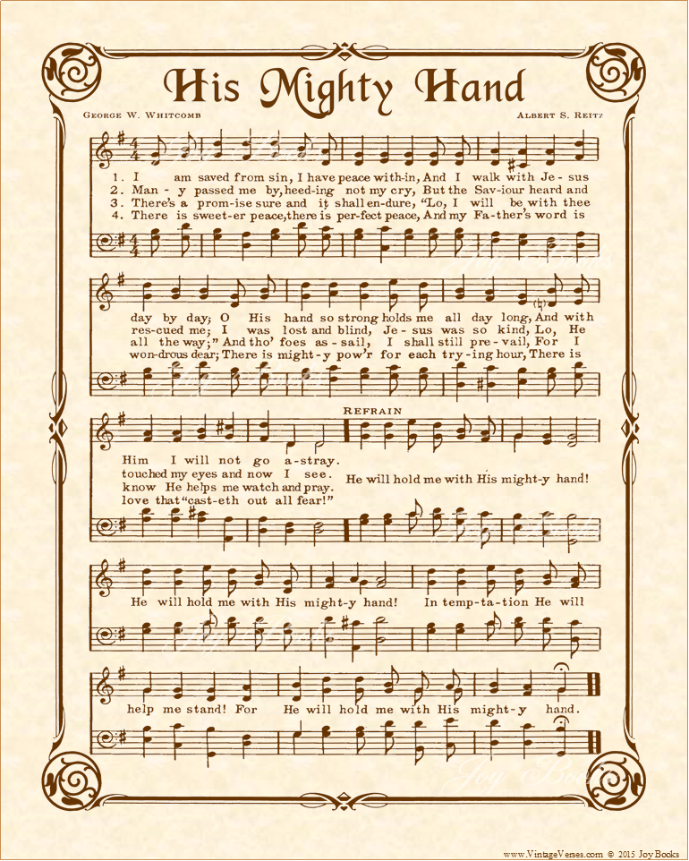 His Mighty Hand - Christian Heritage Hymn, Sheet Music, Vintage Style, Natural Parchment, Sepia Brown Ink, 8x10 art print ready to frame, Vintage Verses