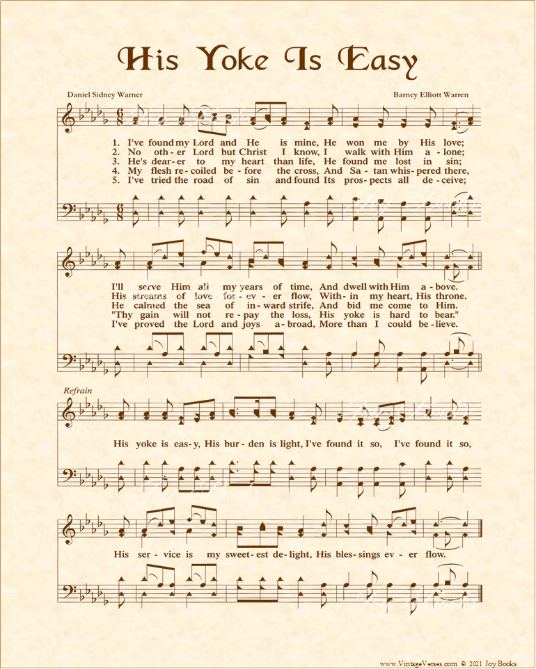 His Yoke Is Easy - Christian Heritage Hymn, Sheet Music, Vintage Style, Natural Parchment, Sepia Brown Ink, 8x10 art print ready to frame, Vintage Verses