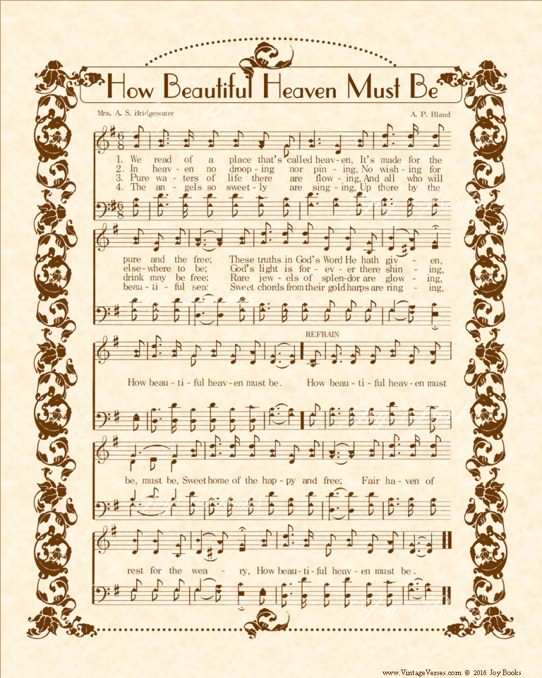 How Beautiful Heaven Must Be - Christian Heritage Hymn, Sheet Music, Vintage Style, Natural Parchment, Sepia Brown Ink, 8x10 art print ready to frame, Vintage Verses
