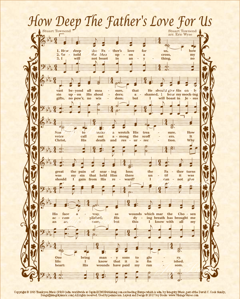 How Deep The Fathers Love For Us - Christian Heritage Hymn, Sheet Music, Vintage Style, Natural Parchment, Sepia Brown Ink, 8x10 art print ready to frame, Vintage Verses