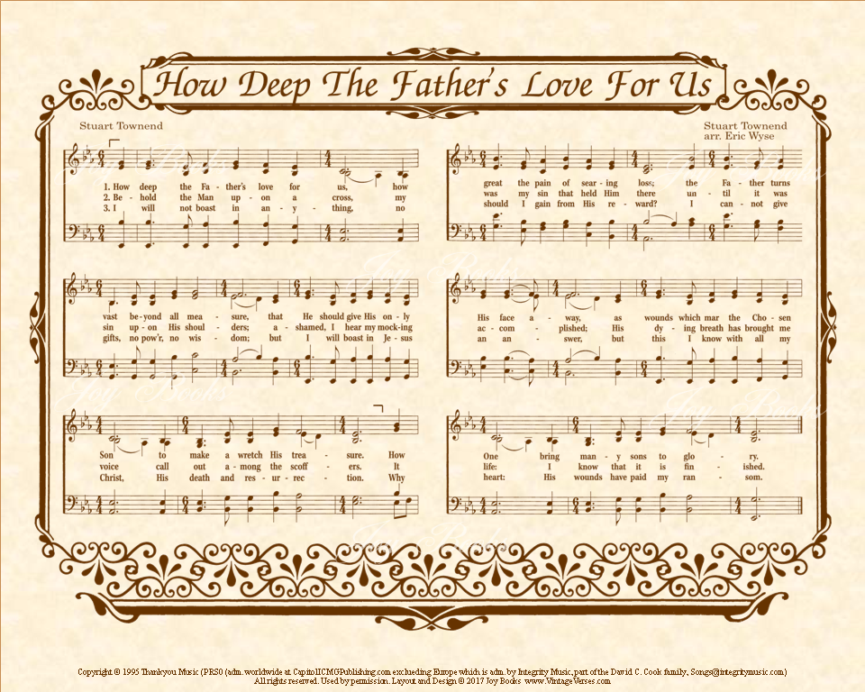 How Deep The Fathers Love For Us - Christian Heritage Hymn, Sheet Music, Vintage Style, Natural Parchment, Sepia Brown Ink, 8x10 or 11x14 art print ready to frame, Vintage Verses