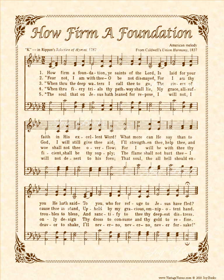 How Firm A Foundation - Christian Heritage Hymn, Sheet Music, Vintage Style, Natural Parchment, Sepia Brown Ink, 8x10 art print ready to frame, Vintage Verses