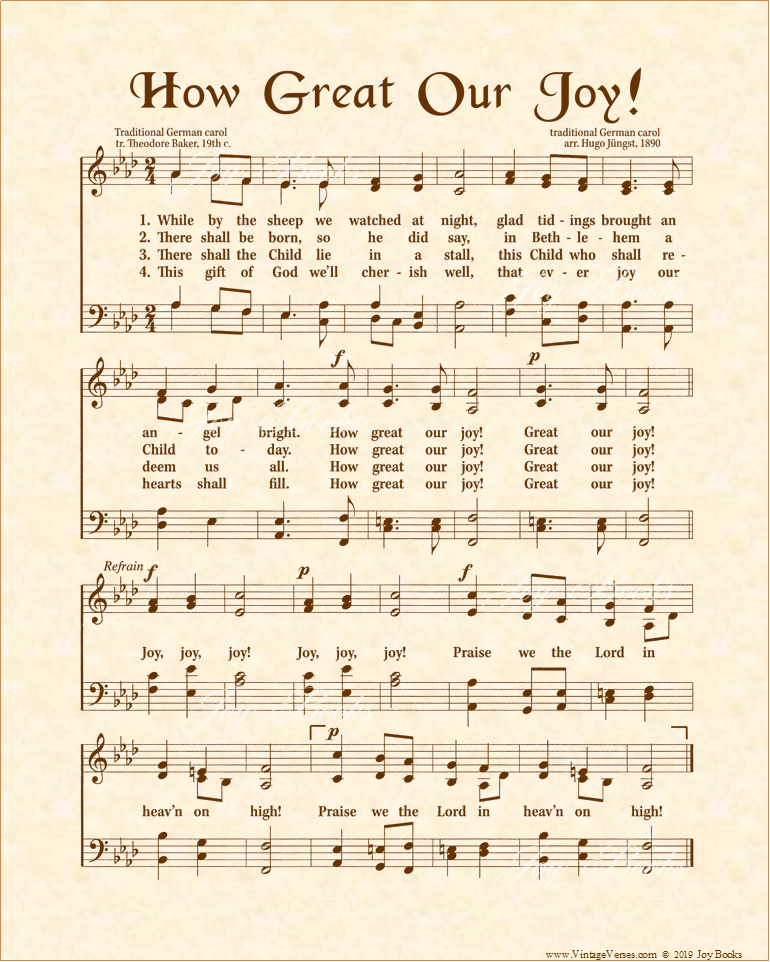 How Great Our Joy - Christian Heritage Hymn, Sheet Music, Vintage Style, Natural Parchment, Sepia Brown Ink, 11x14 art print ready to frame, Vintage Verses
