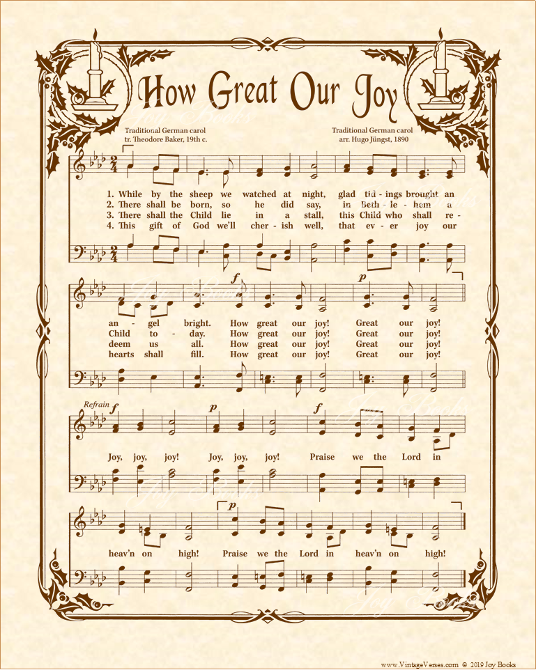 How Great Our Joy - Christian Heritage Hymn, Sheet Music, Vintage Style, Natural Parchment, Sepia Brown Ink, 8x10 art print ready to frame, Vintage Verses