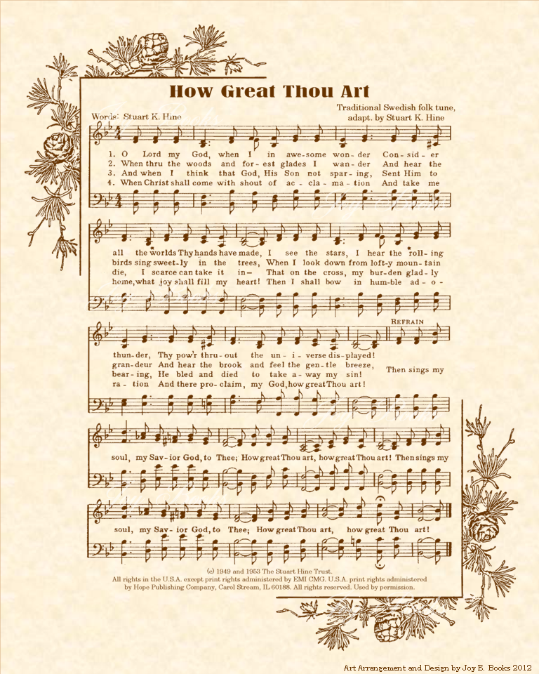How Great Thou Art - Christian Heritage Hymn, Sheet Music, Vintage Style, Natural Parchment, Sepia Brown Ink, 8x10 or 11x14 art print ready to frame, Vintage Verses