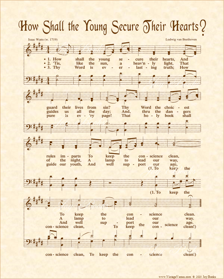 How Shall The Young Secure Their Hearts - Christian Heritage Hymn, Sheet Music, Vintage Style, Natural Parchment, Sepia Brown Ink, 8x10 art print ready to frame, Vintage Verses