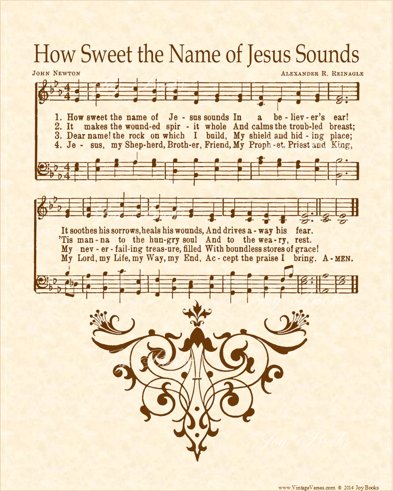 How Sweet The Name Of Jesus Sounds In A Believer's Ear - Christian Heritage Hymn, Sheet Music, Vintage Style, Natural Parchment, Sepia Brown Ink, 8x10 art print ready to frame, Vintage Verses