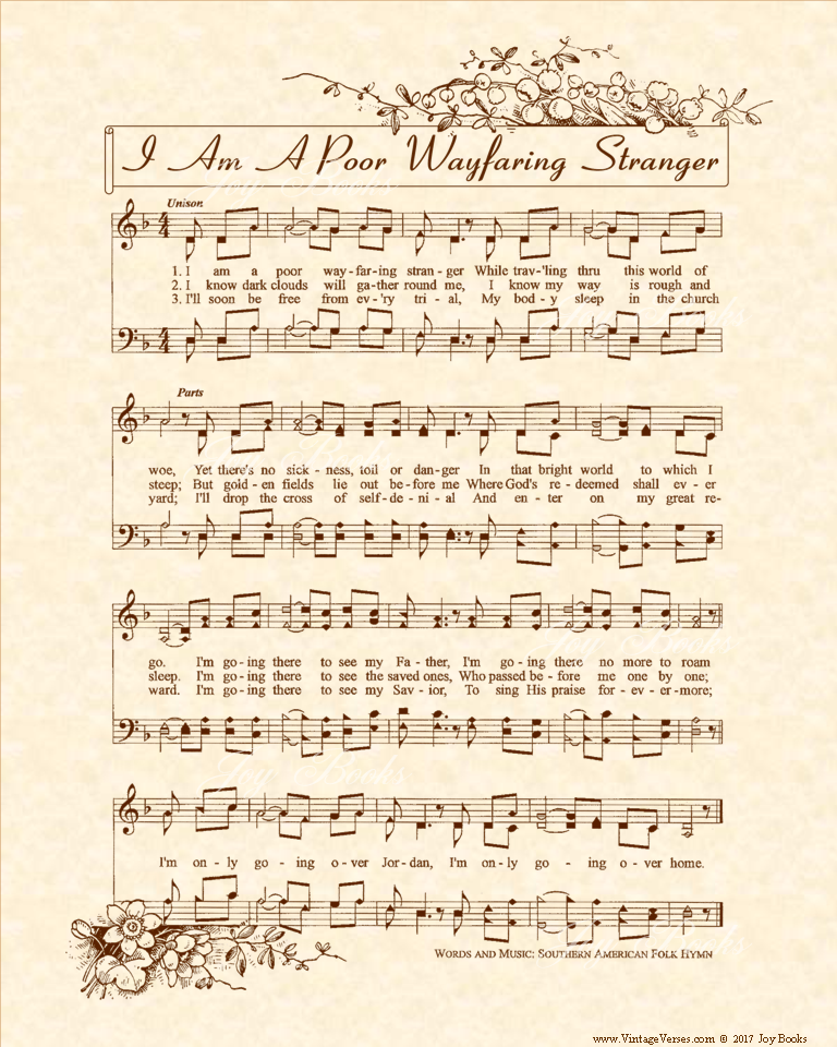 I Am A Poor Wayfaring Stranger - Christian Heritage Hymn, Sheet Music, Vintage Style, Natural Parchment, Sepia Brown Ink, 8x10 art print ready to frame, Vintage Verses