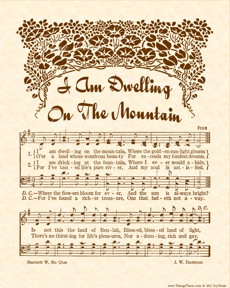 I Am Dwellin On The Mountain - Christian Heritage Hymn, Sheet Music, Vintage Style, Natural Parchment, Sepia Brown Ink, 8x10 art print ready to frame, Vintage Verses